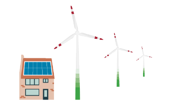 Illustratie woning met zonnepanelen en windmolens