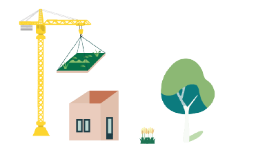 Illustratie waarin bouwkraan een groen dak op woning plaatst